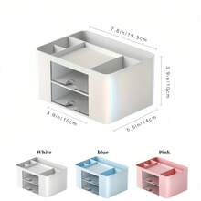 1pc Large Capacity Pen Holder Desk Organizer Box With 2 Drawers, Office Desk Storage Box, Vanity Tray, Desk Top Storage Box - Multicolor - View 7