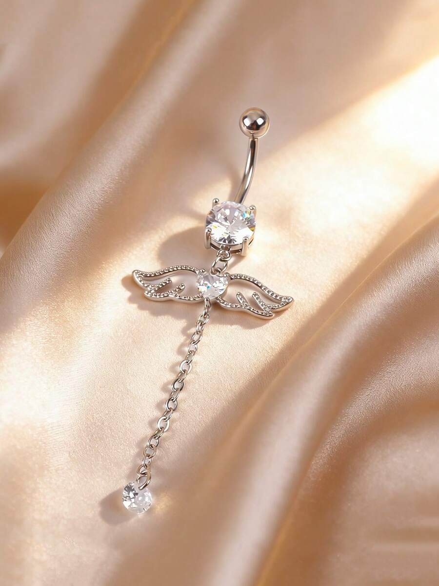1 chiếc khuyên rốn hình cánh dài thanh lịch đính đá CZ, khuyên rốn bằng thép không gỉ, trang sức xỏ rốn dành cho nữ, thích hợp để đeo hàng ngày. - cánh - Xem 1