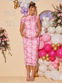 Loomaby Pregnant Women's Elegant Floral Print Asymmetrical Neck Fitted Dress, Suitable For Party And Vacation, Summer,Gender Reveal Dress,Maternity Dress, Baby Shower Dress - 粉色 - 查看 5