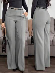 Plus Size (No Belt) Solid Color Pocket Office Daily Commute Elegant Dress Pants Spring - Grey - View 1