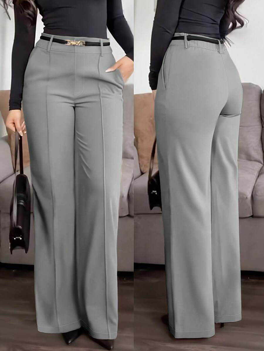 Plus Size (No Belt) Solid Color Pocket Office Daily Commute Elegant Dress Pants Spring - Grey - View 1