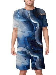 Men S Short Sleeve T Shirt P10290 Abstract Blue Fluid Waves With Golden Particles Premium Comfort Soft Breathable Casual Summer Top Best Choice New Arrival - 白色 - 查看 1