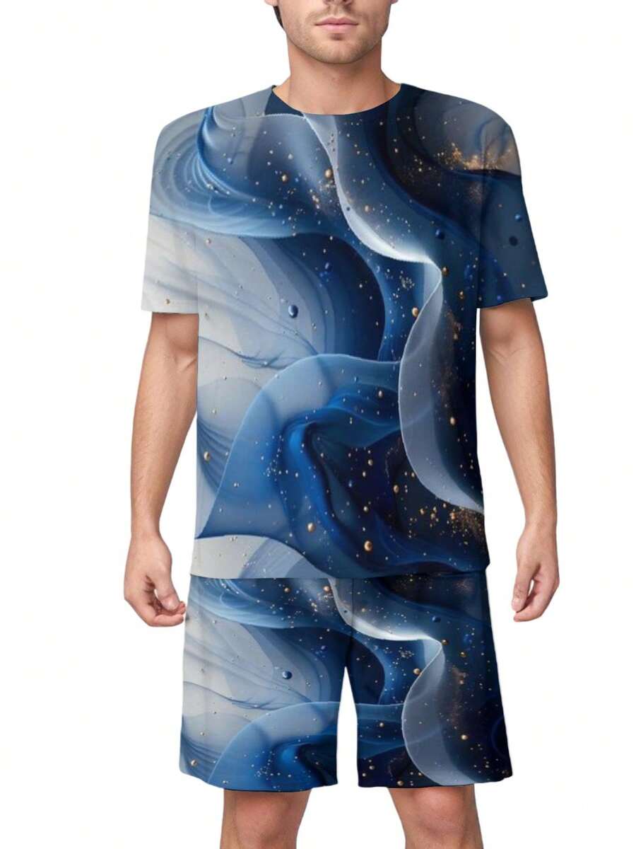 Men S Short Sleeve T Shirt P10290 Abstract Blue Fluid Waves With Golden Particles Premium Comfort Soft Breathable Casual Summer Top Best Choice New Arrival - 白色 - 查看 1