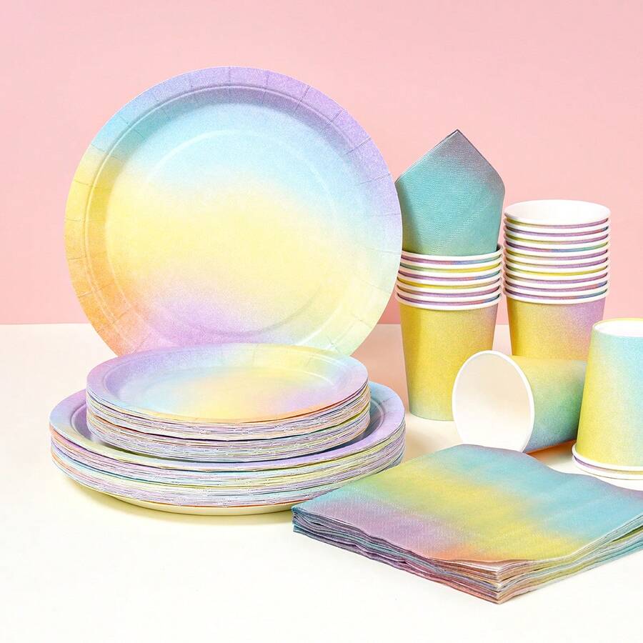 Matte Ombre Purple Disposable Tableware Set, 7/9 Inch Party Plates, Disposable Paper Plates, Cups, Napkins, Suitable For Holidays, Weddings, Engagements, Birthdays, Parties, Celebrations - Multicolor - View 1