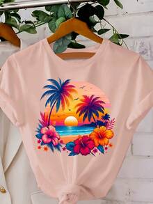 Nuevas  de moda: Camiseta de manga corta con cuello redondo para mujer, estilo casual deportivo, estampado de belleza de atardecer hawaiano, para otoño-verano. - rosa - Ver 8