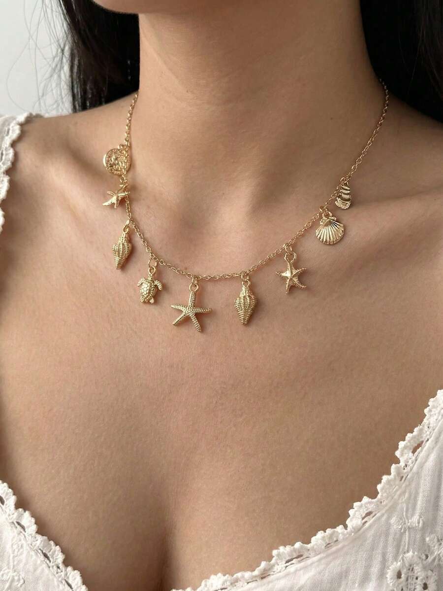 1pc Fashion Starfish, Shell, Turtle Pendant Necklace For Women, Versatile For Daily Wear And Holidays, Summer - Gold - View 1