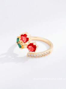 1 pièce Bague ajustable mignonne en cristal et strass simulant une cerise, convient pour les vacances et le port quotidien - Rouge - Voir 5