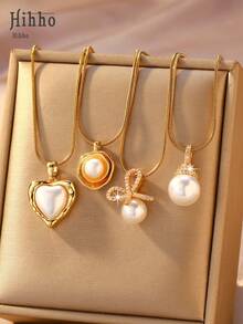 Hihho 1 Peça Colar de Pérolas de Luxo, Tom Dourado Quente com Detalhes de Pérola e Zircônia, 4 Estilos Diferentes, Pode Ser Usado Sozinho ou em Camadas, Adequado para Looks Franceses, de Trabalho e Doces. Ótimo para Uso Diário ou como Presente. - Dourado - Visão 1