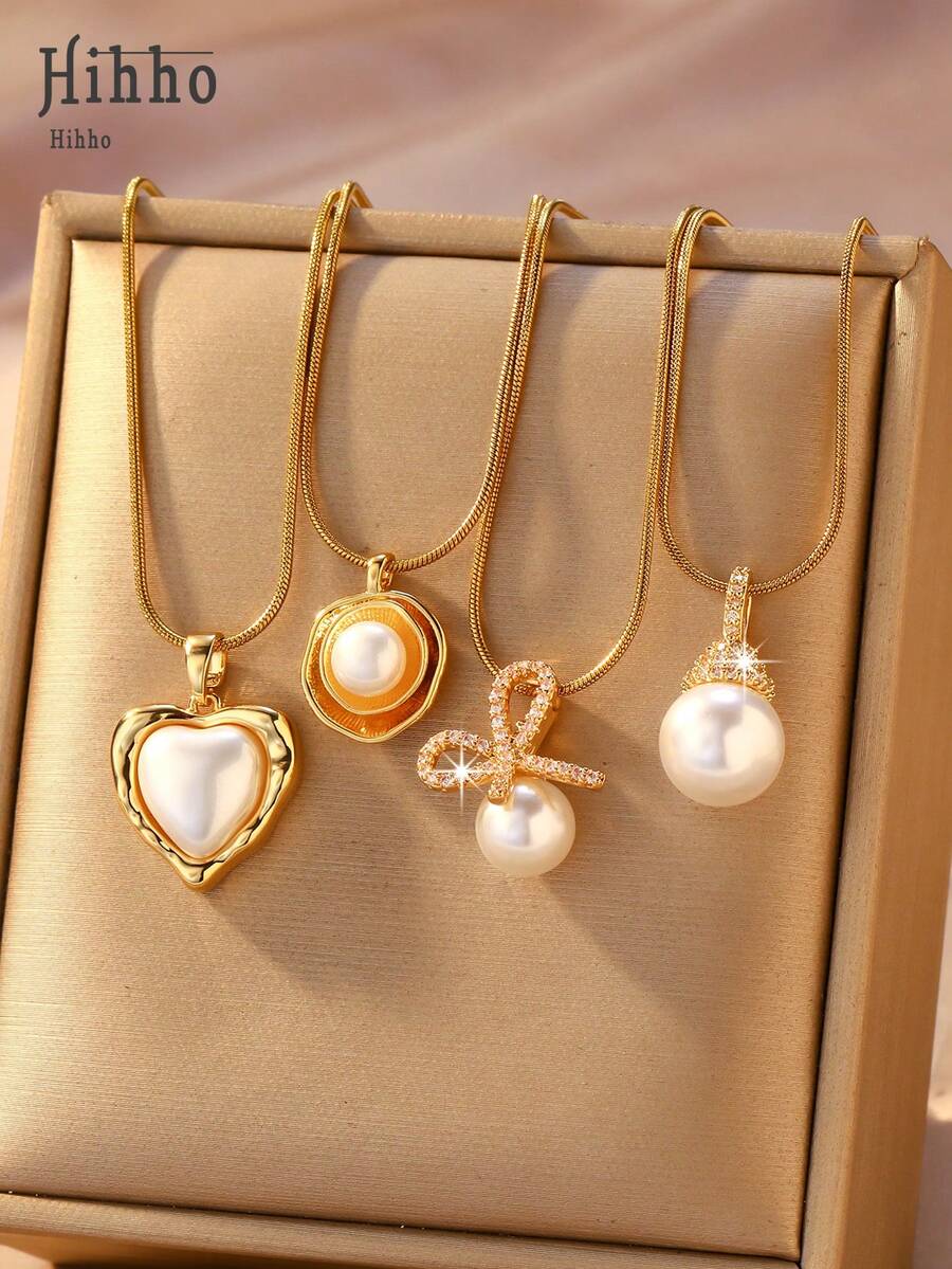 Hihho 1 Peça Colar de Pérolas de Luxo, Tom Dourado Quente com Detalhes de Pérola e Zircônia, 4 Estilos Diferentes, Pode Ser Usado Sozinho ou em Camadas, Adequado para Looks Franceses, de Trabalho e Doces. Ótimo para Uso Diário ou como Presente. - Dourado - Visão 1