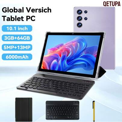 Qetupa Tablet PC Android 15 Z50 de 10.1 pulgadas, 3GB RAM + 64GB ROM, procesador MTK 6755 Octa-Core a 1.8GHz, pantalla táctil HD (1280x800) IPS, cámara frontal de 5MP y cámara trasera de 13MP, batería grande de 6000mAh, sin soporte para tarjeta SIM, incluye teclado, funda para tablet y lápiz óptico (adaptador no incluido)