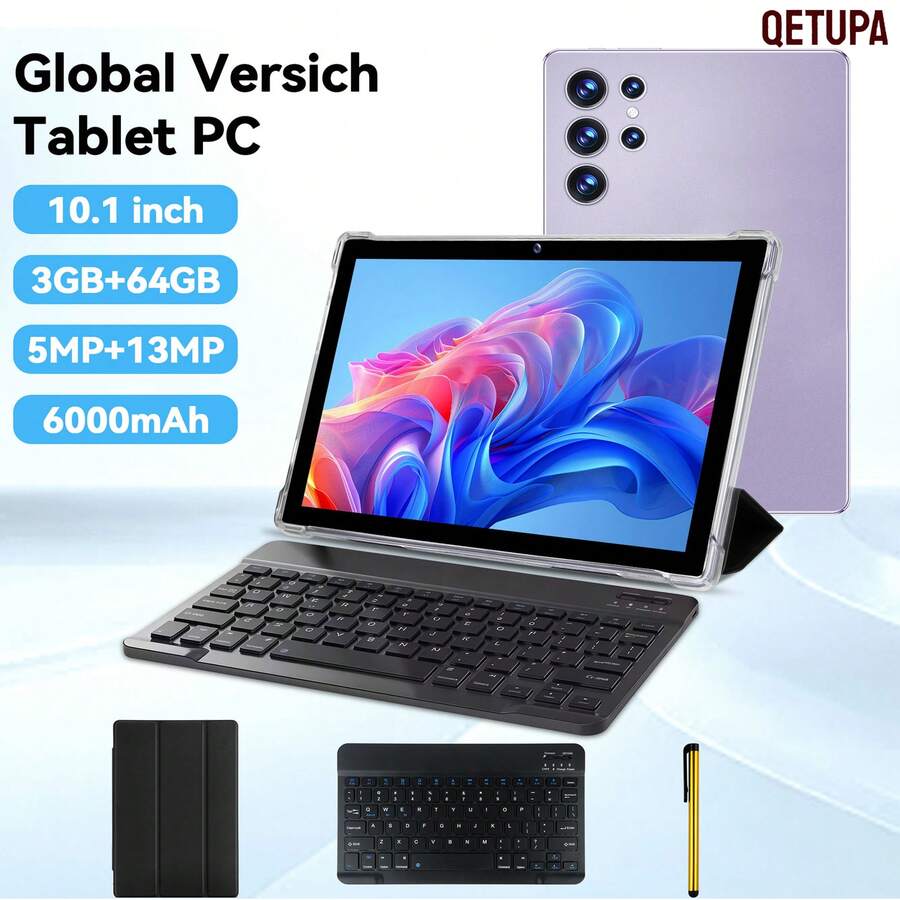 Qetupa Tablet PC Android 15 Z50 de 10.1 pulgadas, 3GB RAM + 64GB ROM, procesador MTK 6755 Octa-Core a 1.8GHz, pantalla táctil HD (1280x800) IPS, cámara frontal de 5MP y cámara trasera de 13MP, batería grande de 6000mAh, sin soporte para tarjeta SIM, incluye teclado, funda para tablet y lápiz óptico (adaptador no incluido) - Morado con KB - Ver 1