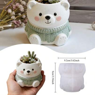 1个坐姿小熊盆栽硅胶模具，易脱模，高柔韧性，3D立体细节环氧树脂模具，适用于DIY手工工艺品、家居装饰、礼品制作，适合工艺爱好者、DIY达人和艺术爱好者。