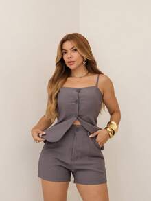 RAINBOW Set With Vest And Shorts Blouse With Button And Elasticated Waist Shorts With Zipper And Button Sizes M/L/XL 36-42 Tailored Plain Luistwill Casual Elegant Women's - CHỈ HUY - Xem 2