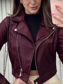 Women's Leather Jacket – Sophisticated Evening Look - 酒紅色 - 查看 2