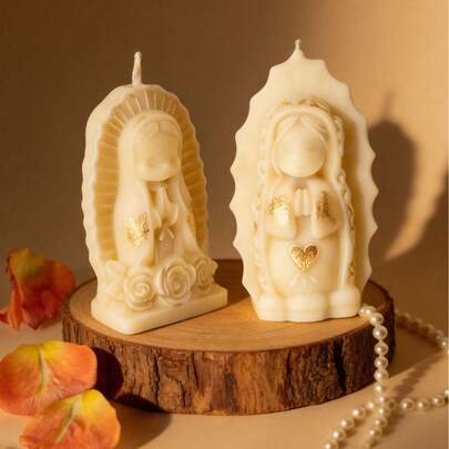 Handmade Our Lady Of Guadalupe Scented Candle, Cute Praying Girl Figurine, Heart/Rose Base, Multi-Color & Fragrance, Home Decor, Holiday Party Gift