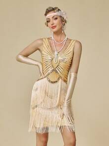 女士20世纪20年代复古连衣裙，盖茨比风格V领晚礼服，亮片串珠流苏婚纱 - 杏色 - 查看 3