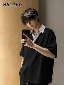 HANEKO メンズ テクスチャ生地 無地 ベーシック ハーフオープンカラー Tシャツ、秋 メンズシャツ コントラストカラー - ブラック - チェックする 3