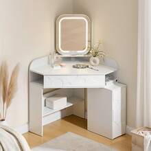 CLIPOP Large LED Dressing Table With Mirror, Dressing Table With Glass Top, Adjustable Brightness, Dressing Table With Sockets, Cosmetic Table With 3 Drawers And 1 Cabinet, White - 查看 1