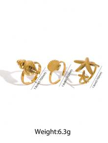 Set de 3 anillos de acero inoxidable, anillos abiertos con elementos oceánicos como estrella de mar, concha y diseño de caracol, estilo retro de vacaciones, adecuado para uso diario/apilamiento de mujeres, regalo de amistad - juego de anillos - Ver 2
