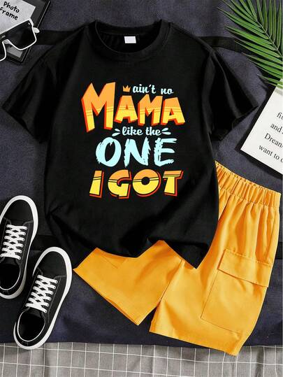 Bộ 2 món áo thun ngắn tay và quần short cho bé trai tuổi teen, in chữ graffiti đường phố cá tính, phối màu cổ điển, phù hợp cho dã ngoại/mặc hàng ngày.