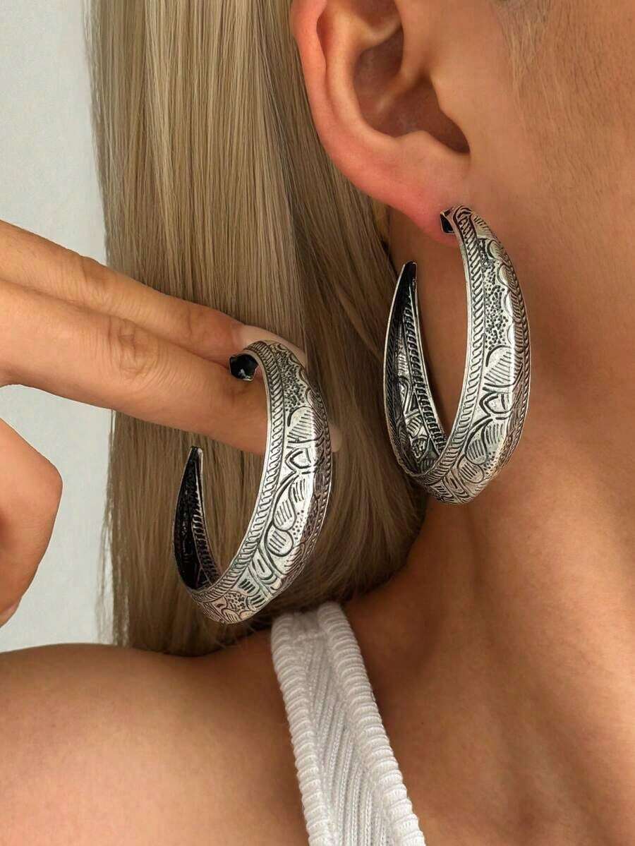 1 Pair Vintage Bohemian Style Distressed Textured Carved Geometric Hoop Earrings, Multi-Layer Charm Design, Suitable For Daily Wear - Bạc cổ - Xem 1