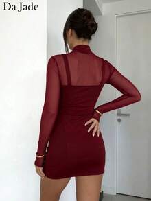 Rochie de seară pentru femei, stil francez, cu guler pătrat, plasă, model patchwork, culoare solidă, minimalistă, la modă, cu talie înaltă, tip A-line - roșu - Vizualizare 3