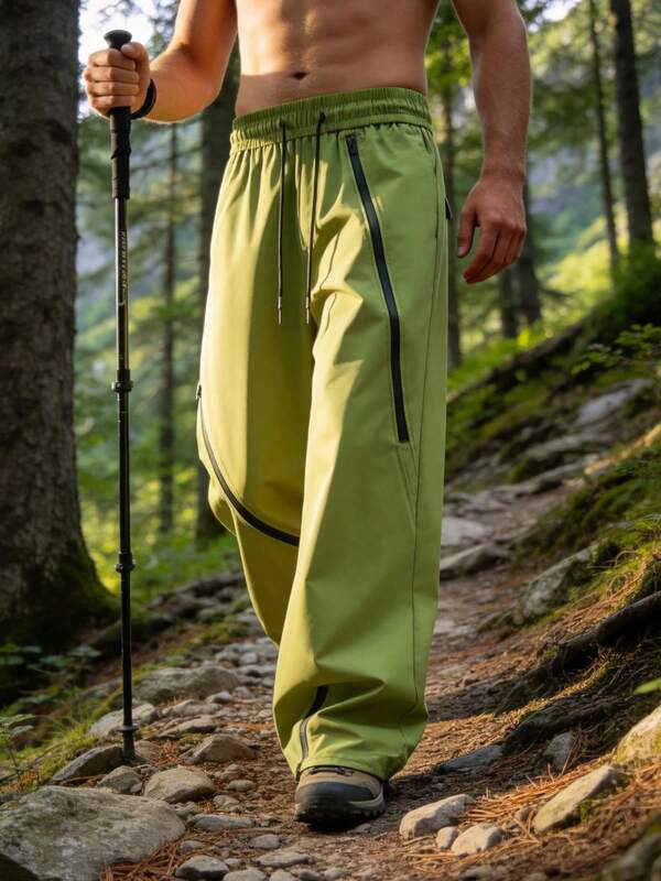 Men's Outdoor Cargo Pants, Zipper Pockets, Elastic Drawstring Waist, Wide Leg Hiking Trousers