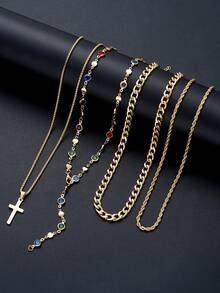 4 piezas Collar en forma de Y con colgante de cruz de cristal colorido y minimalista de acero inoxidable, estilo bohemio de moda, multicapa, casual, para playa, vacaciones, citas, uso diario, regalo versátil para novio, amigo, padre - Amarillo Oro - Ver 4