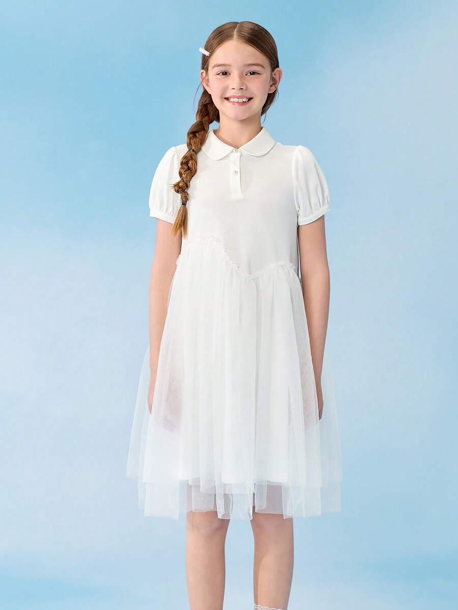 Balabala 女童薄纱连衣裙，蓬蓬网纱层叠梦幻公主风飘逸派对礼服，适合大龄少女，2026年夏季款 - 米白 - 查看 1