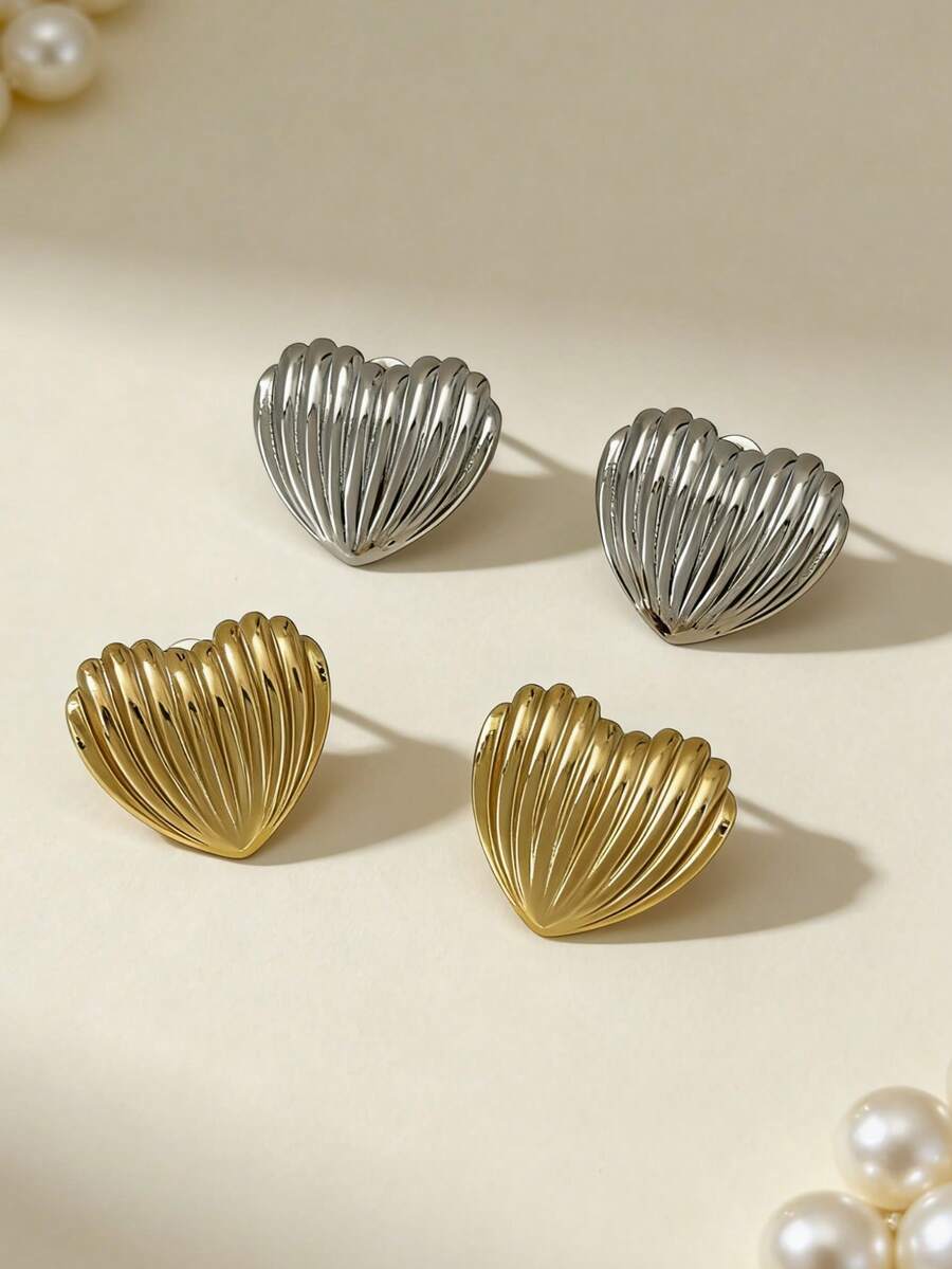 4-Piece Gold And Silver Two-Tone Elegant Heart-Shaped Shell Stud Earrings Set, Perfect For Women's Everyday Wear. Made Of High-Quality Hypoallergenic Stainless Steel. - Heart-shaped Seashell - View 1