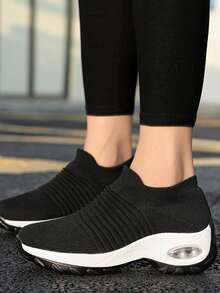 Women's All-Season Sports Anti-Slip Shock-Absorbing Running Casual Shoes, Knitted Mary Jane, Plus Size, Suitable For Business Driving - Black and White - View 2