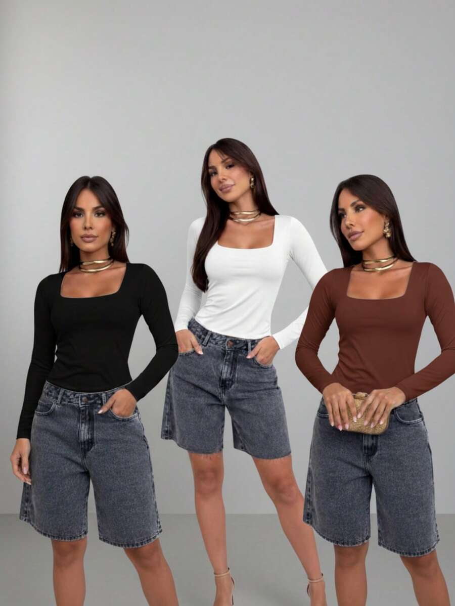 Set Of 3 Women's Second Skin Baby Look Blouses, Long Sleeve, Square Neck, Basic Shaping, Soft Supplex Fabric, Lined, Elastic, Premium Casual Fashion, Versatile, - 黑白咖啡 - 查看 1