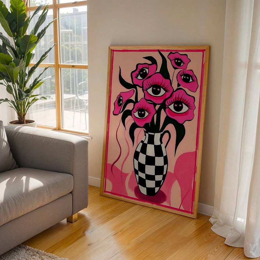 墙面装饰画，复古海报，粉色超现实主义眼睛与花卉艺术印刷品，时尚简约的粉色棋盘格花瓶帆布画，适合卧室和客厅装饰，乔迁礼物，不含画框 - A - 查看 1
