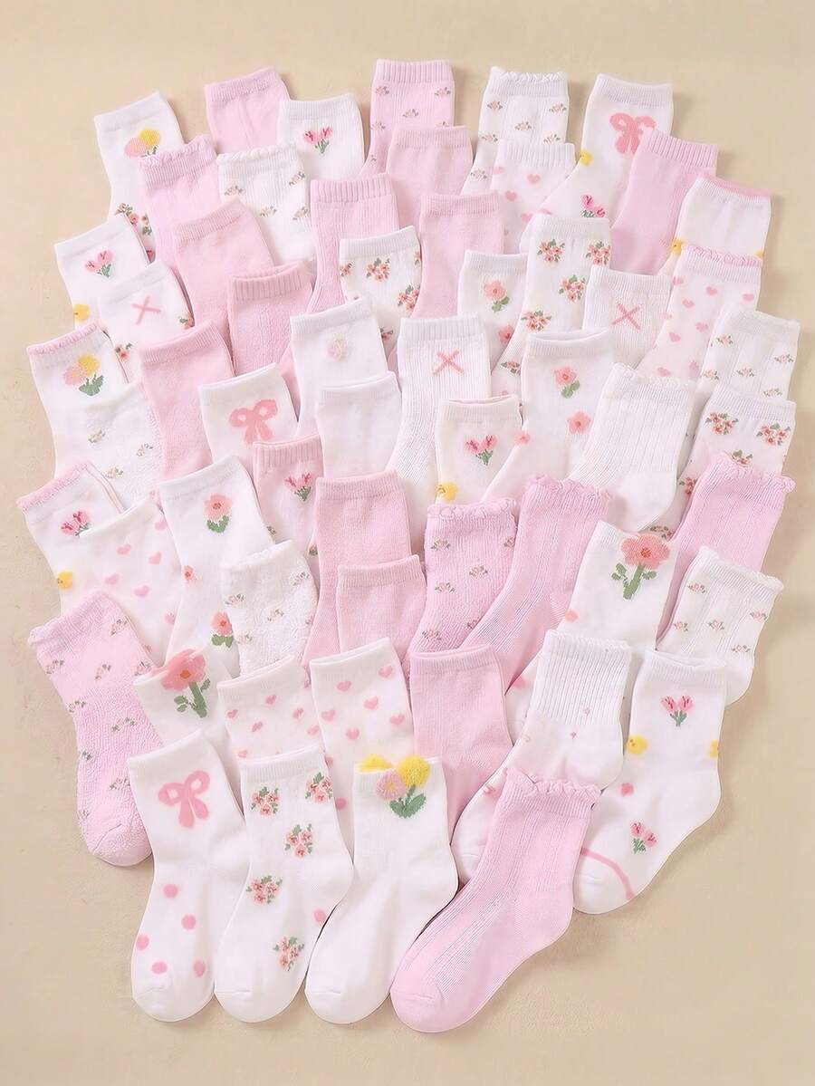 20双装儿童透气中筒袜,蝴蝶结、花朵、郁金香、爱心提花图案,洛丽塔公主风,3D立体花卉设计,柔软亲肤,适合1-16岁儿童,是夏季旅行和开学季的理想之选。 - 彩色 - 查看 1