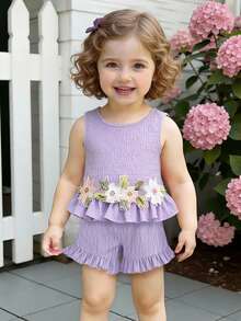 Baby Girls' Cute Solid Color Round Neck Sleeveless Ruffle Hem 3D Floral Top And Ruffle Hem Shorts 2 Piece Outfit, Suitable For Daily Outings In Spring/Summer - Purple - View 3