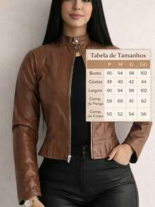 Women's Luxury Premium Faux Leather Jacket With Front Zipper, Sculptural Fitted Cut And Impeccable Drape. - Beige - View 5