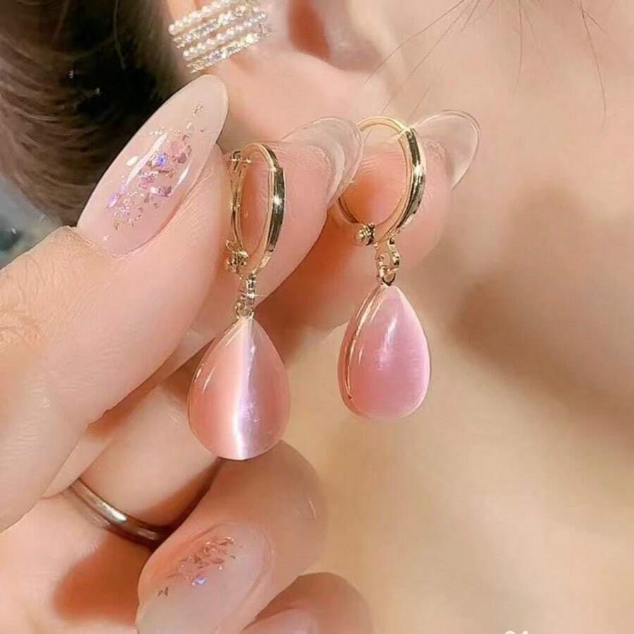 1 Đôi bông tai đá mắt mèo hai mặt hình giọt nước đơn giản và thanh lịch dành cho nữ, nhẹ nhàng, sang trọng và dễ phối đồ. - Hồng - Xem 1