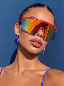 1 Par de Óculos Esportivos Femininos de Armação Grande Unicolor Coloridos, Adequado para Férias, Viagem, Roupa de Feriado, Estilo Esportivo, Festival de Música Eletrônica, Acessório de Verão, Praia, Passeio em Família, Golfe, Caminhada, Direção, Atividades ao Ar Livre - cor - Visão 1