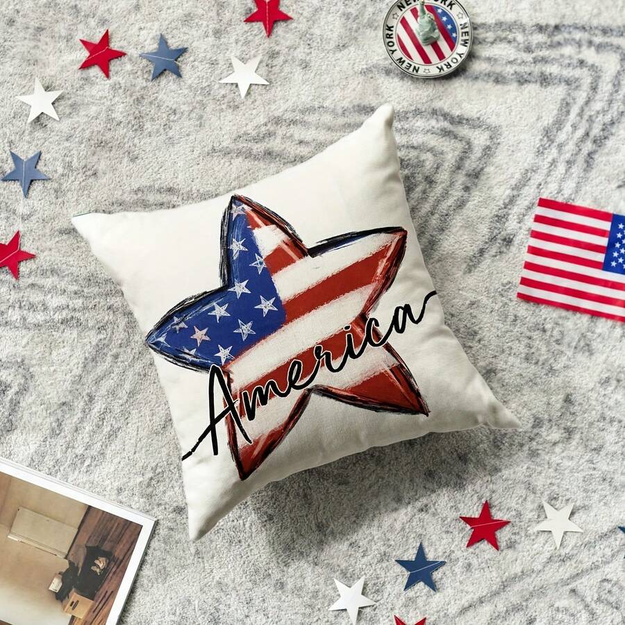 1 Pc American Patriotic Star Red White Blue Flag Pattern Pillow Case 18"X18" Independence Day Decor Square Throw Pillow Cover 100% Polyester One Side Printing Pillowcase With Envelope Closure Gifts For Family Friends For Home Living Room Bedroom Dining Room Bed Porch Patio Decor (Do Not Include Insert) - Ngôi sao yêu nước - Xem 1