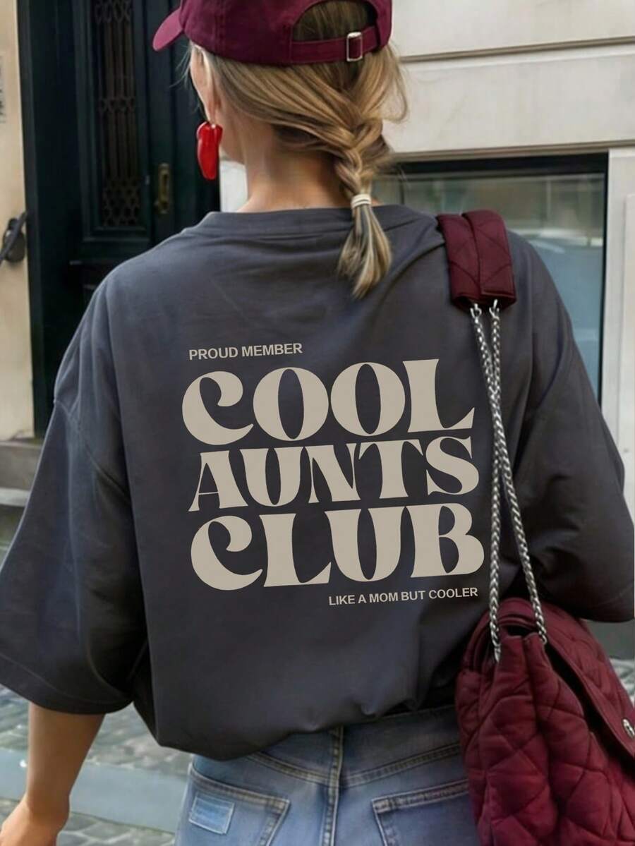 Women's Casual "Cool Aunt Club" Slogan Print T-Shirt, Loose Fit, Short Sleeve Top, Suitable For Family Gatherings, Brunch With Friends, And Daily Street Style Summer