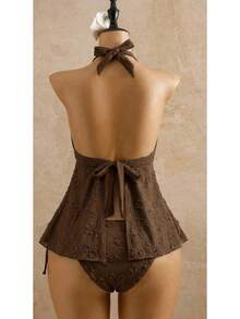2026 European & American Style Lace Bikini, Halter Tie Ruffle Hem Tummy Control Two Piece Swimsuit For Hot Spring & Beach - Brown - View 3