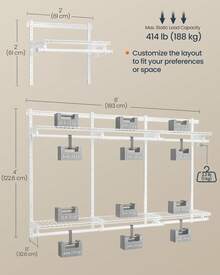 SONGMICS Closet System, Closet Insert Organizer, 4-8 Ft, Adjustable Metal Shelving Unit With 6 Hanging Rods, 6 Shelves, And Hooks, For Pantry Mudroom Garage Basement - 白色 - 查看 6