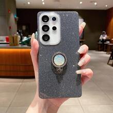 1pc Rhinestone Decorated Metal Ring Holder 360° Rotating Stand Glitter Phone Case, Compatible With SX A57 A37/57 A123456789987654321 45G, Electroplated 4-Corner Airbag Anti-Fall Transparent Phone Case, Compatible With Samsung/S26/S25/S24/S23/S22 Series/A Series, Moto, Pixel, Compatible With , Compatible With - Black - View 1