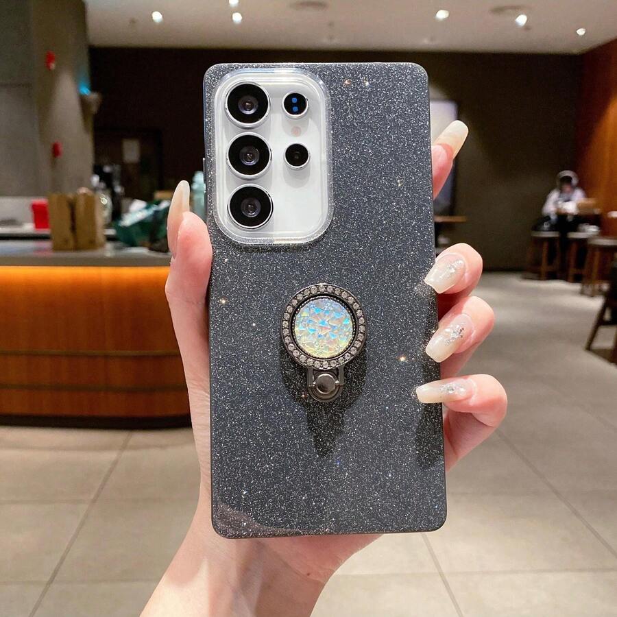 1pc Rhinestone Decorated Metal Ring Holder 360° Rotating Stand Glitter Phone Case, Compatible With SX A57 A37/57 A123456789987654321 45G, Electroplated 4-Corner Airbag Anti-Fall Transparent Phone Case, Compatible With Samsung/S26/S25/S24/S23/S22 Series/A Series, Moto, Pixel, Compatible With , Compatible With - Black - View 1