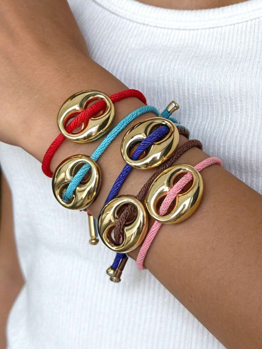 1pc Boho Style Creative Fashion Elegant Minimalist Copper Pig Nose Woven Bracelet, Suitable For Women, Sisters, Couples, Parties Or Graduations, Perfect Gift For Daily Wear, Dates, Parties, Weddings, Holidays. Very Suitable For Summer Beach Vacations, Non-Allergenic, Adjustable Size - Hand Strap - View 1