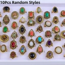 10pcs/Pack Fashionable Retro Luxurious Natural Stone Adjustable Open Ring, Ideal For Women's Daily Jewelry, Party, Banquet, Gifts - 10 Stone Alloy S Ring - View 8