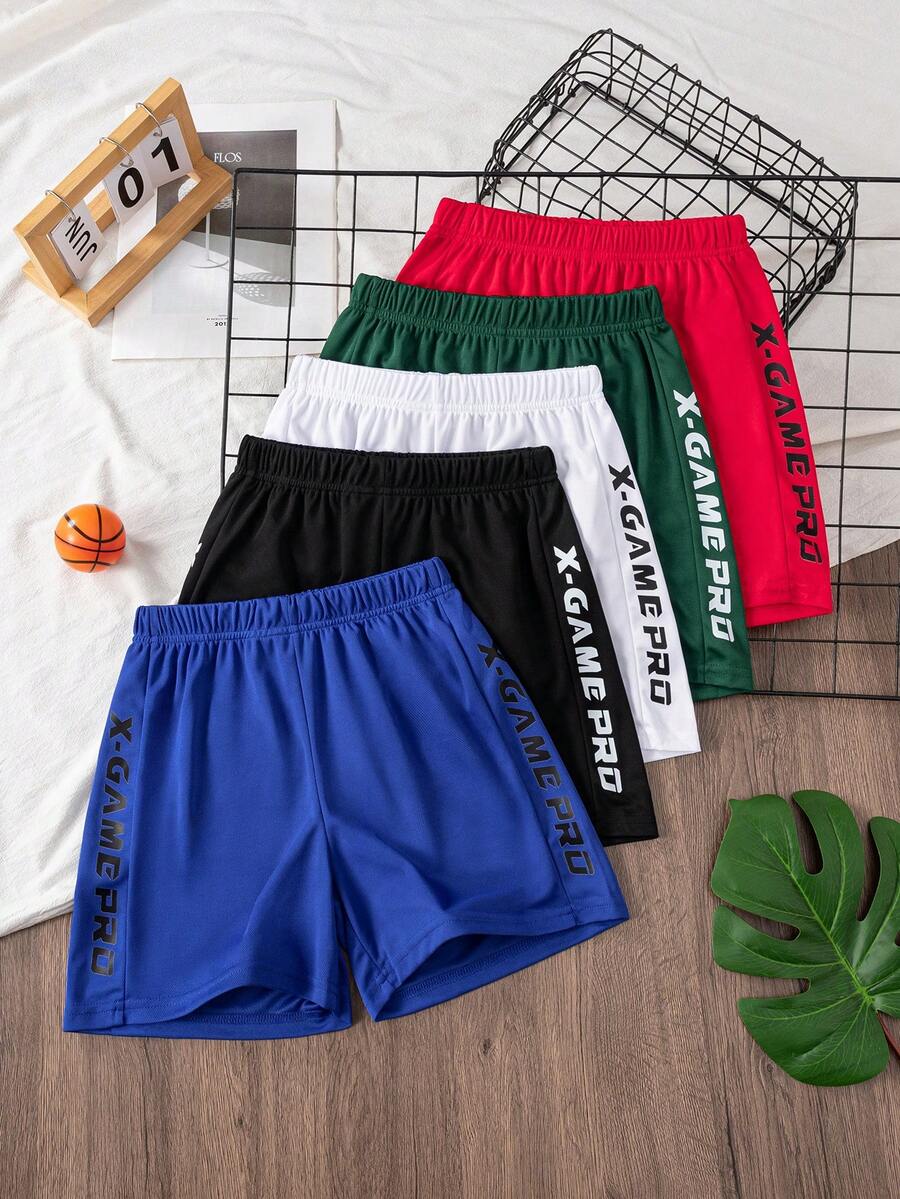 5pcs/Set Casual Sports College Style Vacation English Print Shorts, Suitable For Spring/Summer, Suitable For Daily Casual, Outdoor Activities, Sports Running, Vacation - Multicolor - View 1