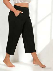 1pc Plus-Size Women's Wide-Leg Sporty Capri Pants With Pockets, Elastic Waistband, Soft And Stretchy Fabric, Loose Fit, Suitable For Yoga, Running, Walking, And Gym Workouts Sports - Black - View 3