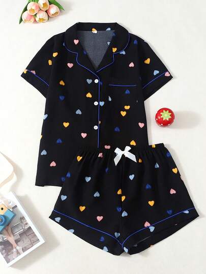 Heart Print Women's Bubble Crinkle Short Sleeve Shorts Pajama Set