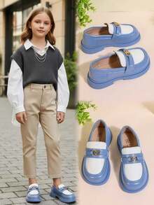 1 Pair White & Loafers, Soft & Comfortable Colorblock Fabric + Shiny Metal Buckle Decor, Classic Round Toe Elastic Soft Sole Slip-On Design, Fashionable British Style Flat Shoes, Suitable For Boys & Girls Students Daily Casual, Vacation, Holiday, School, Party, Outdoor Wear, Spring/Autumn New - Blue - View 2